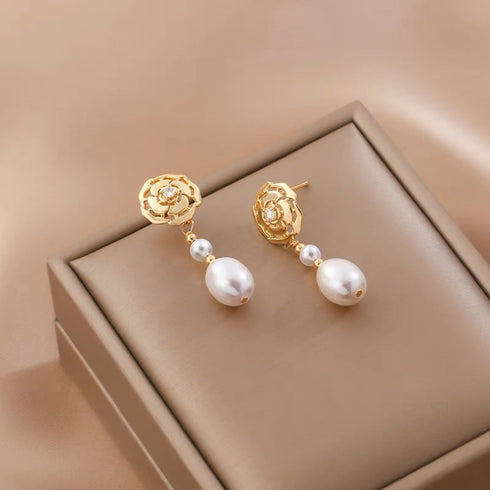 Camellia Pearl Long Drop Earrings